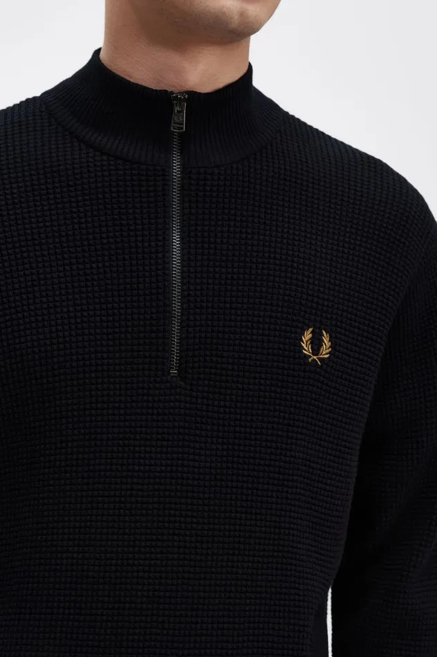 Men Waffle Stitch Half Zip Jumper Navy Fred Perry Knitwear