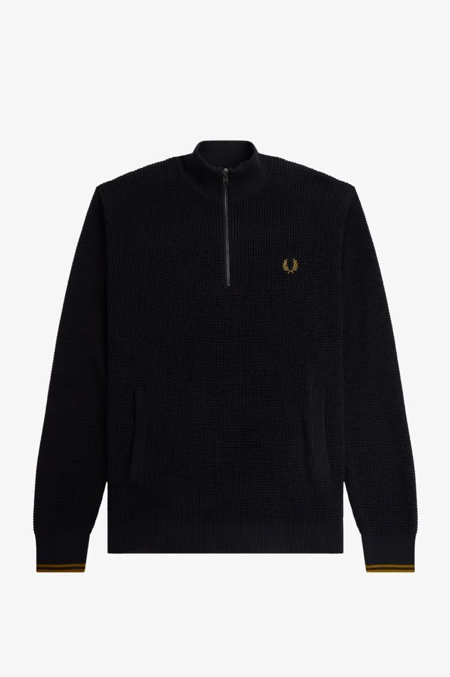 Men Waffle Stitch Half Zip Jumper Navy Fred Perry Knitwear