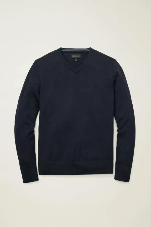 Men Washable Merino VNeck Sweater Navy Blue Bonobos Crew and VNeck Sweaters