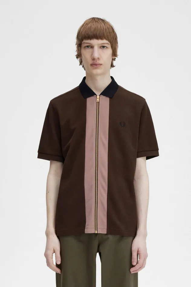 Men Zip Through Polo Shirt Burnt Tobacco Fred Perry Polo Shirts