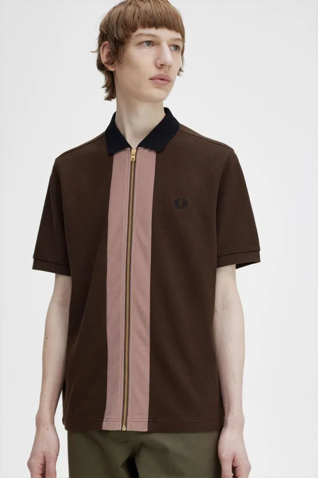 Men Zip Through Polo Shirt Burnt Tobacco Fred Perry Polo Shirts
