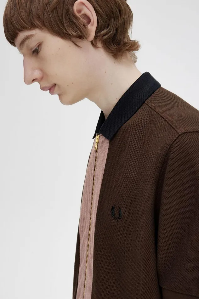 Men Zip Through Polo Shirt Burnt Tobacco Fred Perry Polo Shirts