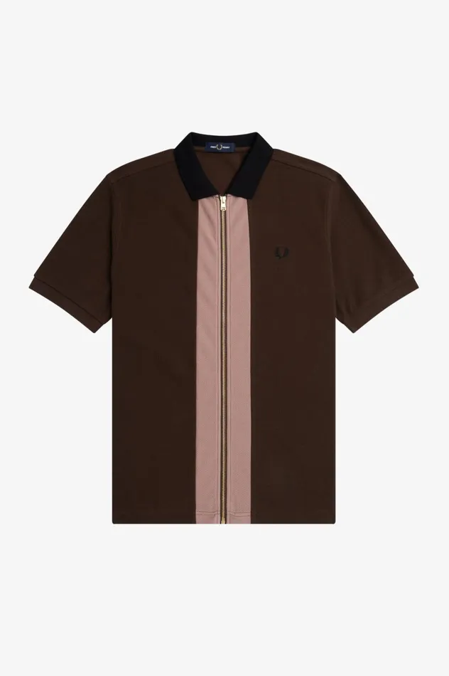 Men Zip Through Polo Shirt Burnt Tobacco Fred Perry Polo Shirts