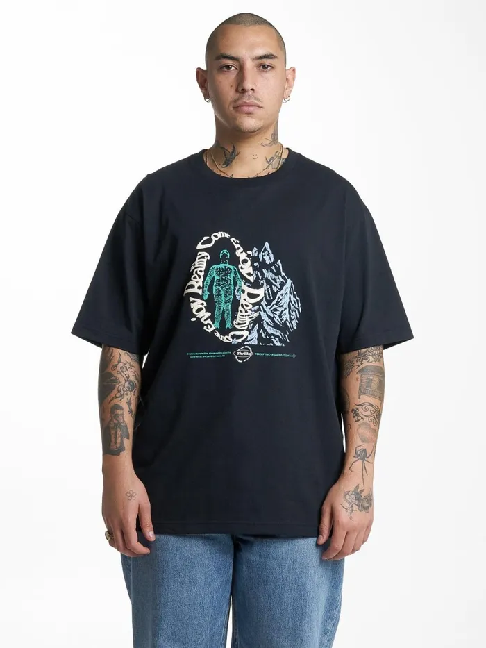 Mens Enjoying Reality Oversize Fit Tee Washed Black Thrills Tees and Tank Tops