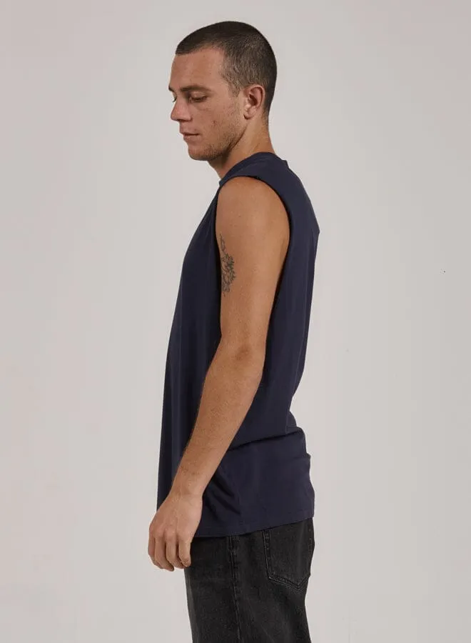 Mens Minimal Merch Fit Muscle Tee Station Navy Thrills Tees and Tank Tops