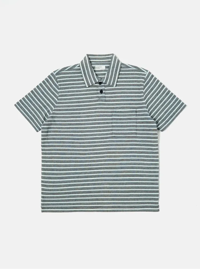 Newlyn Polo In Indigo Textured Knit Stripe Men Universal Works Tees