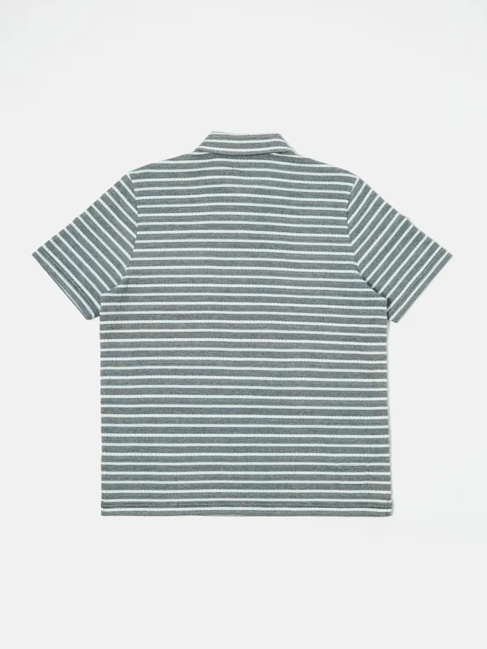Newlyn Polo In Indigo Textured Knit Stripe Men Universal Works Tees