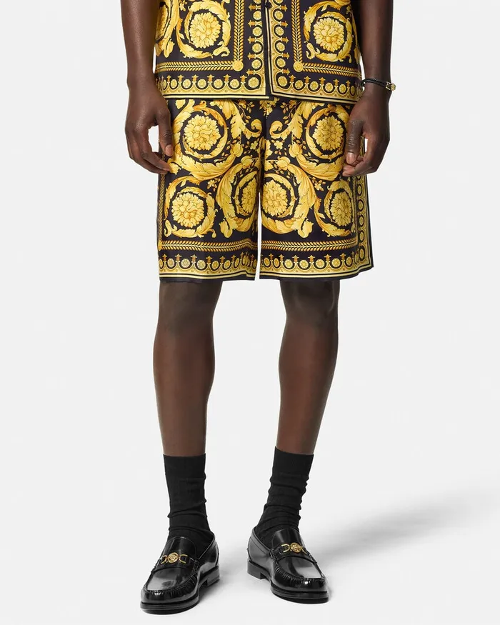 Pants and Shorts Men Versace Barocco Silk Shorts Blackprint