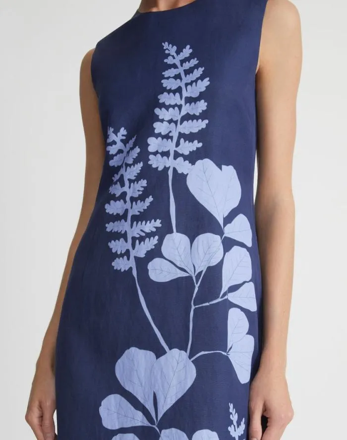 Ready To Wear Flora Print ViscoseLinen Sleeveless Dress Midnight Blue Multi Lafayette 148 New York Dresses