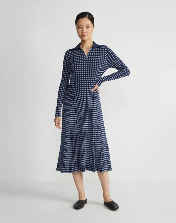 Ready To Wear Gingham Responsible Matte Crepe Collared HalfZip Dress Midnight Blue Multi Lafayette 148 New York Dresses