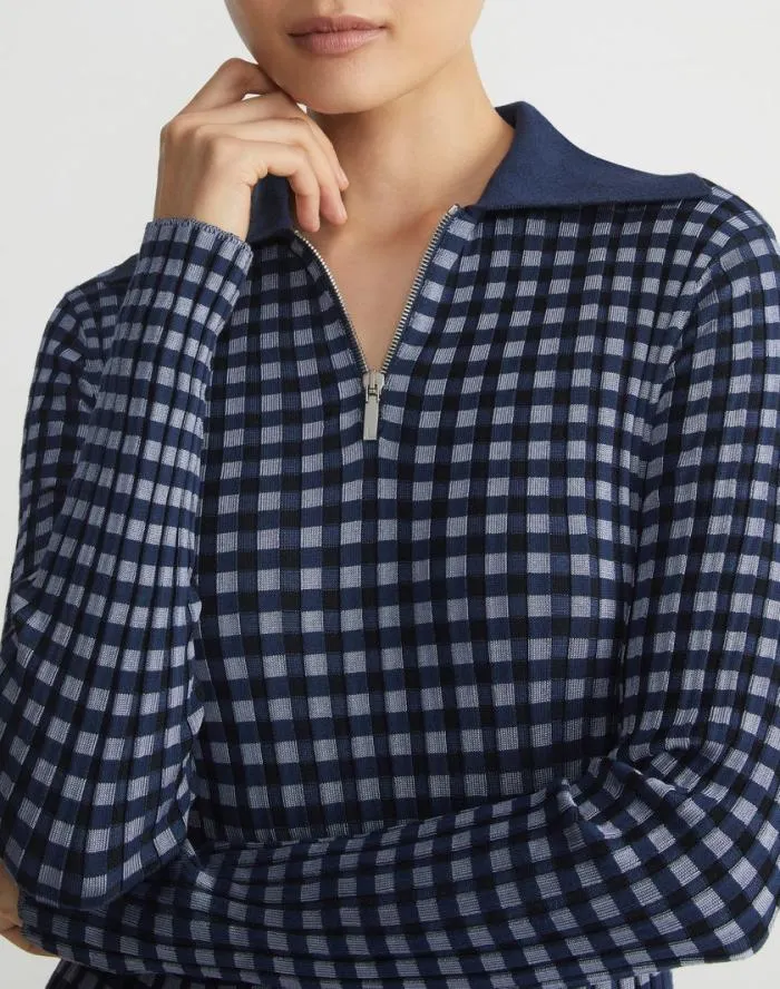 Ready To Wear Gingham Responsible Matte Crepe Collared HalfZip Dress Midnight Blue Multi Lafayette 148 New York Dresses