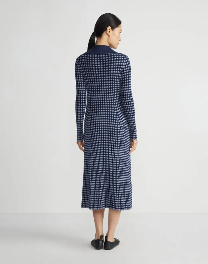 Ready To Wear Gingham Responsible Matte Crepe Collared HalfZip Dress Midnight Blue Multi Lafayette 148 New York Dresses