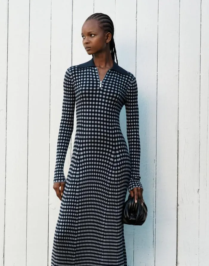 Ready To Wear Gingham Responsible Matte Crepe Collared HalfZip Dress Midnight Blue Multi Lafayette 148 New York Dresses
