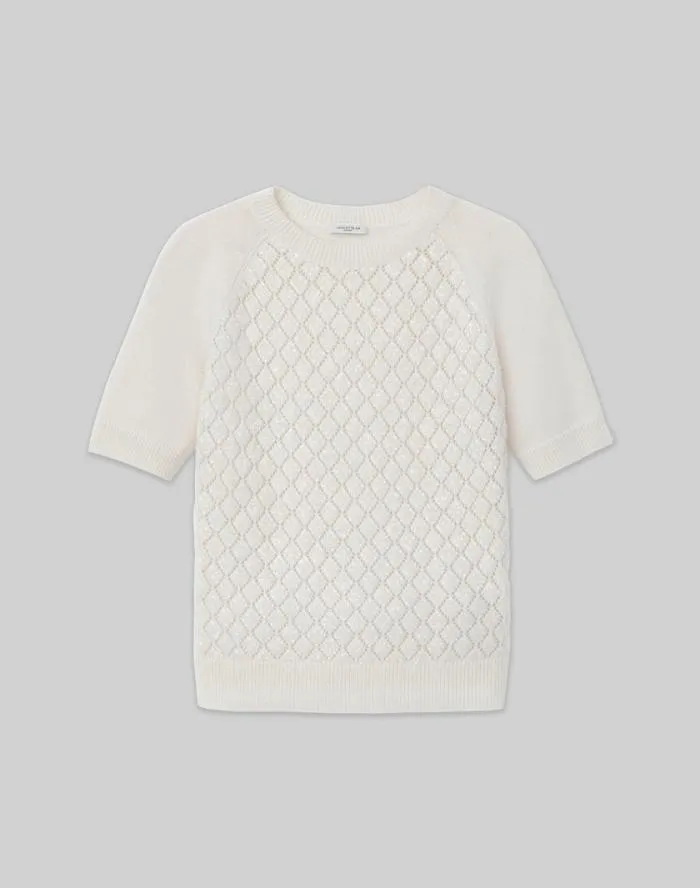 Ready To Wear HandEmbellished Cashmere Lace Stitch Short Sleeve Sweater Cloud Lafayette 148 New York Sweaters and Knits Ready To Wear HandEmbellished Cashmere Lace Stitch Short Sleeve Sweater Cloud Lafayette 148 New York Sweaters and Knits