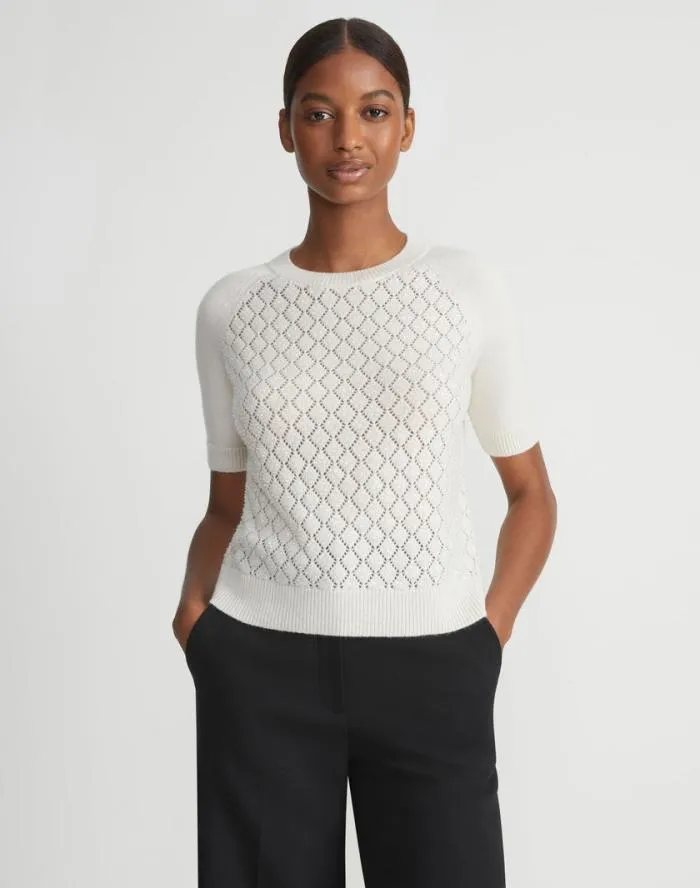 Ready To Wear HandEmbellished Cashmere Lace Stitch Short Sleeve Sweater Cloud Lafayette 148 New York Sweaters and Knits
