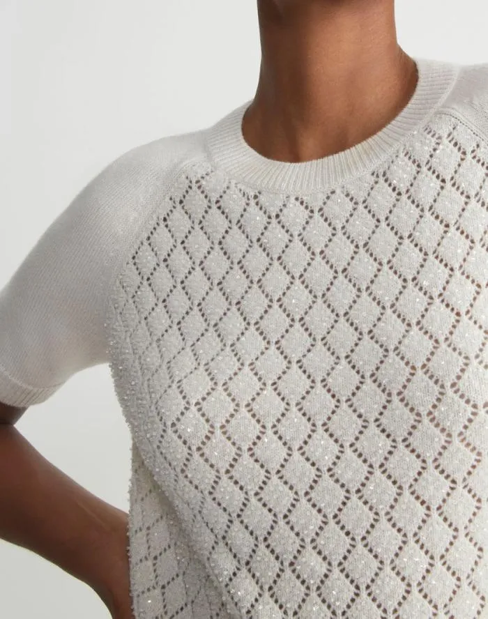 Ready To Wear HandEmbellished Cashmere Lace Stitch Short Sleeve Sweater Cloud Lafayette 148 New York Sweaters and Knits