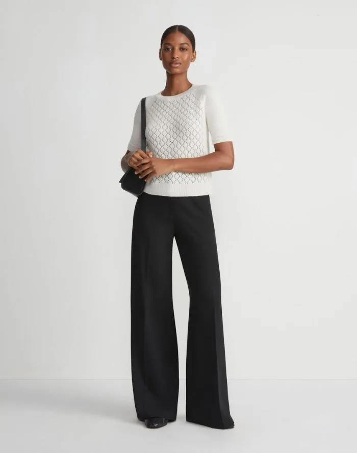 Ready To Wear HandEmbellished Cashmere Lace Stitch Short Sleeve Sweater Cloud Lafayette 148 New York Sweaters and Knits