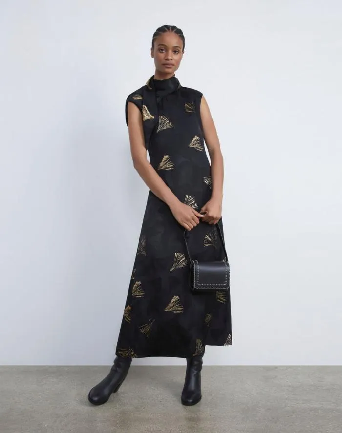Ready To Wear Metallic Leafed Pages Jacquard Scarf Dress Black Multi Lafayette 148 New York Dresses