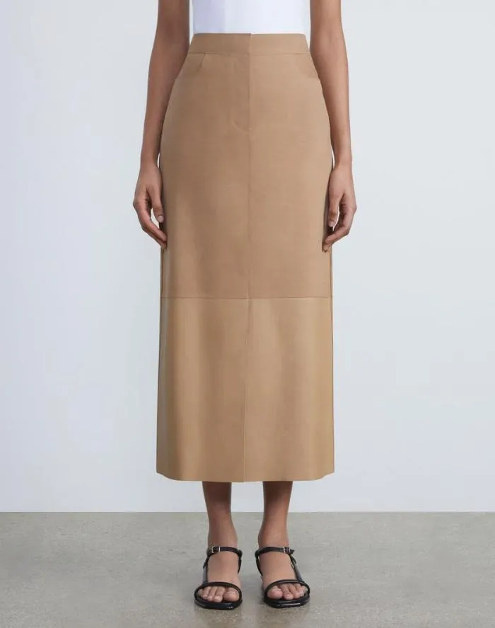 Ready To Wear Nubuck Suede and Nappa Leather TwoTone Midi Skirt Oat Lafayette 148 New York Skirts