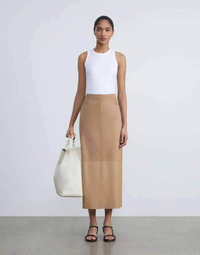 Ready To Wear Nubuck Suede and Nappa Leather TwoTone Midi Skirt Oat Lafayette 148 New York Skirts