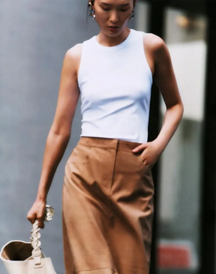 Ready To Wear Nubuck Suede and Nappa Leather TwoTone Midi Skirt Oat Lafayette 148 New York Skirts