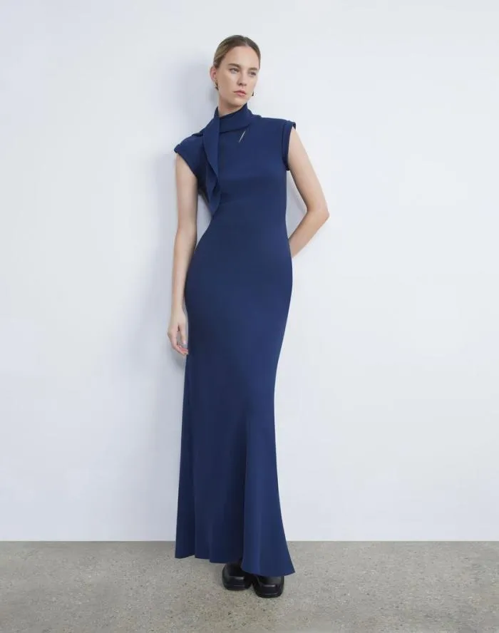 Ready To Wear Silk Georgette Bias Scarf Gown Midnight Blue Lafayette 148 New York Dresses