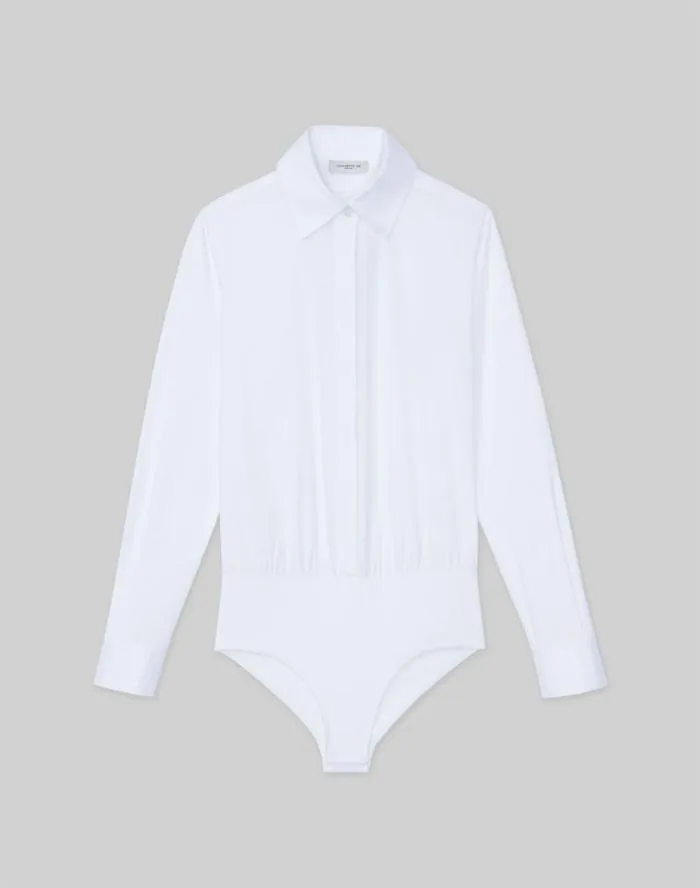 Ready To Wear Stretch Cotton Button Down Bodysuit White Lafayette 148 New York Blouses and Shirts