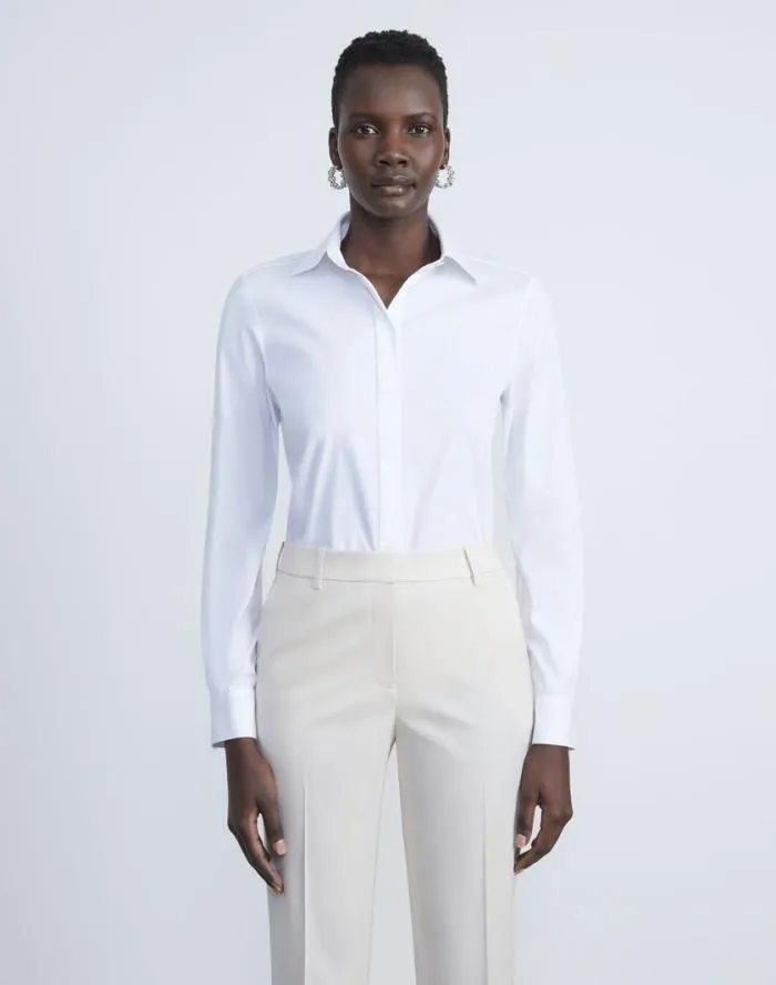Ready To Wear Stretch Cotton Button Down Bodysuit White Lafayette 148 New York Blouses and Shirts