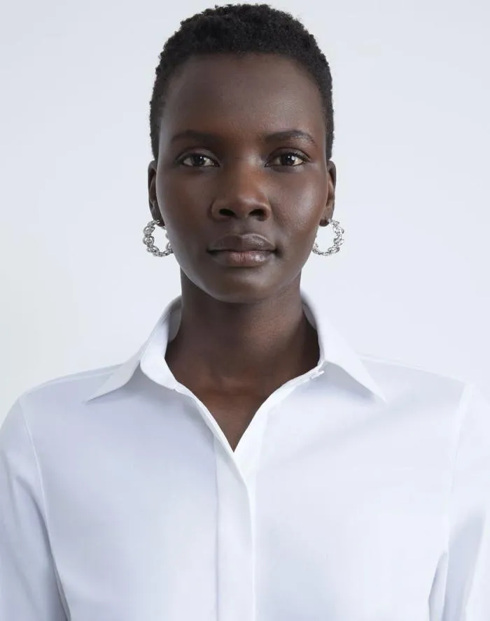 Ready To Wear Stretch Cotton Button Down Bodysuit White Lafayette 148 New York Blouses and Shirts