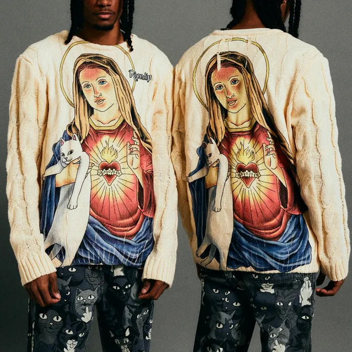 Ripndip Mother Mary Cable Knit Sweater Cream Knits Sweaters Ripndip Mother Mary Cable Knit Sweater Cream Knits Sweaters