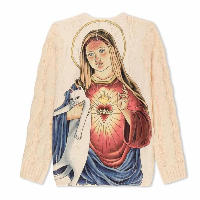 Ripndip Mother Mary Cable Knit Sweater Cream Knits Sweaters Ripndip Mother Mary Cable Knit Sweater Cream Knits Sweaters
