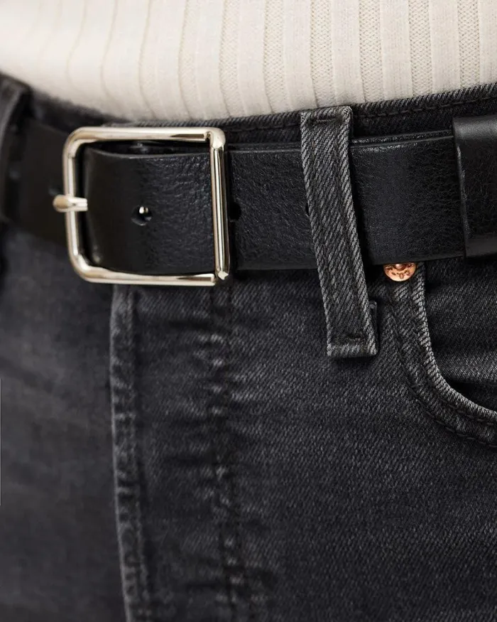 RWandCO Belts Large Leather Belt With Square Buckle Black And Silver 8211 Women