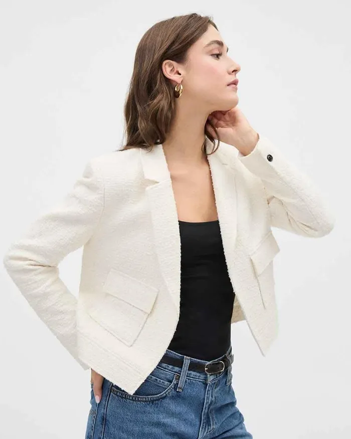 RWandCO Blazers Boucl Open DoubleBreasted Cropped Blazer Antique White 8211 Women