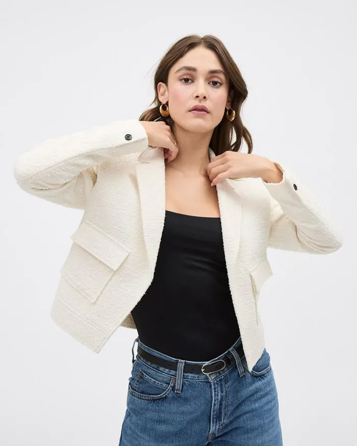 RWandCO Blazers Boucl Open DoubleBreasted Cropped Blazer Antique White 8211 Women RWandCO Blazers Boucl Open DoubleBreasted Cropped Blazer Antique White 8211 Women
