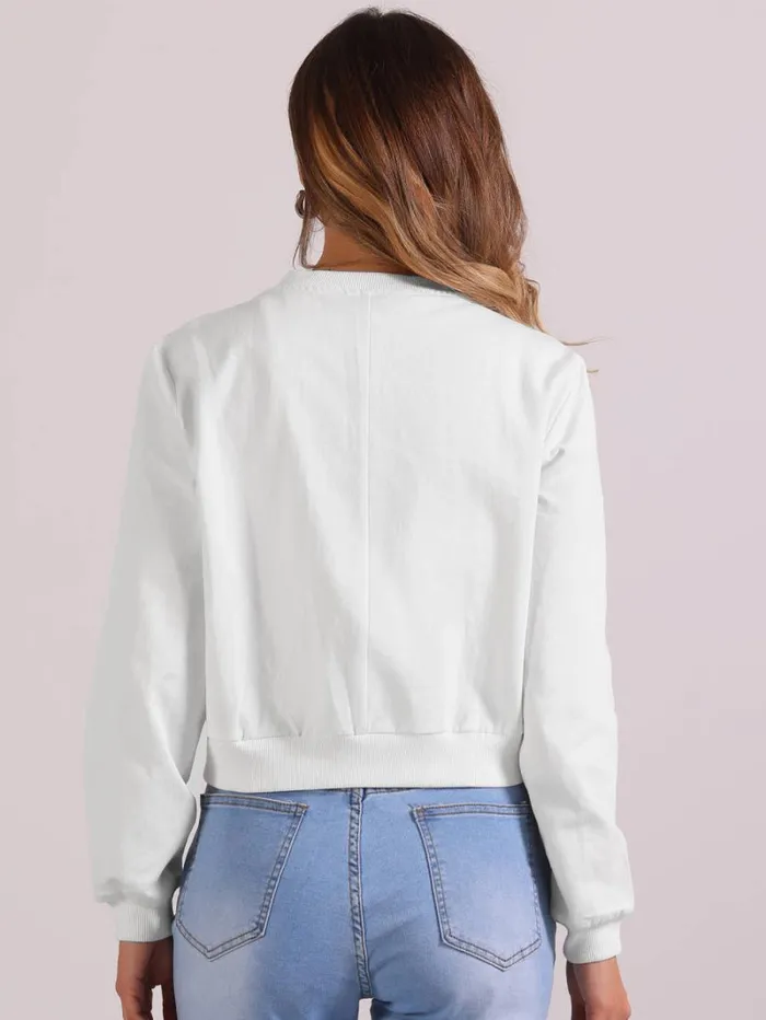 RWandCO Coats and Jackets Allegra K 8211 Stand Collar Cropped Bomber Jacket White 8211 Women