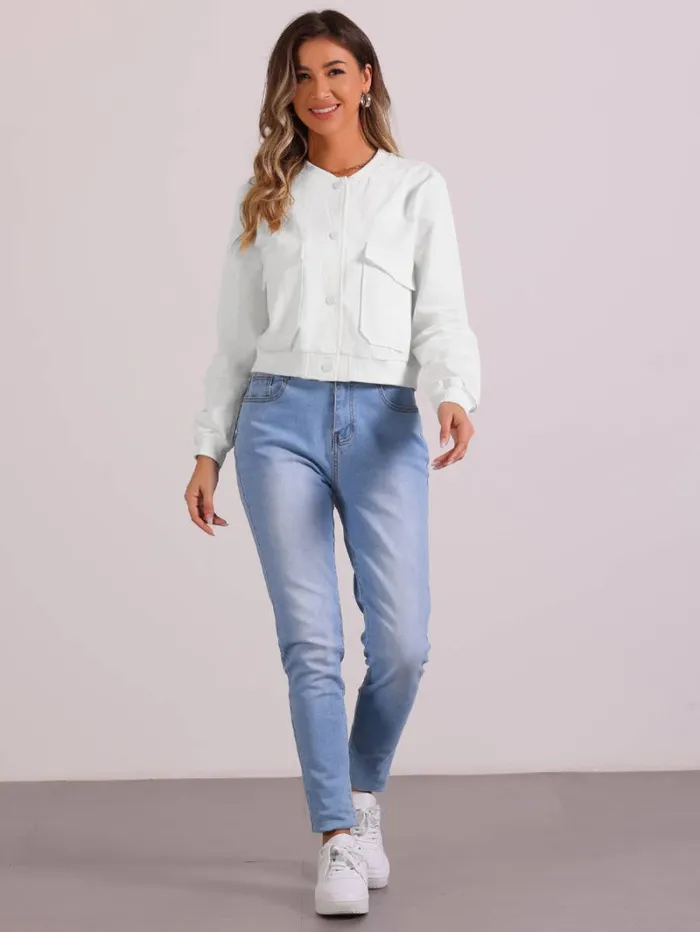 RWandCO Coats and Jackets Allegra K 8211 Stand Collar Cropped Bomber Jacket White 8211 Women