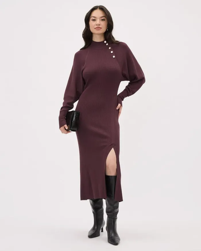 RWandCO Dresses LongSleeve MockNeck Fitted Ribbed Midi Dress Decadent Chocolate 8211 Women RWandCO Dresses LongSleeve MockNeck Fitted Ribbed Midi Dress Decadent Chocolate 8211 Women