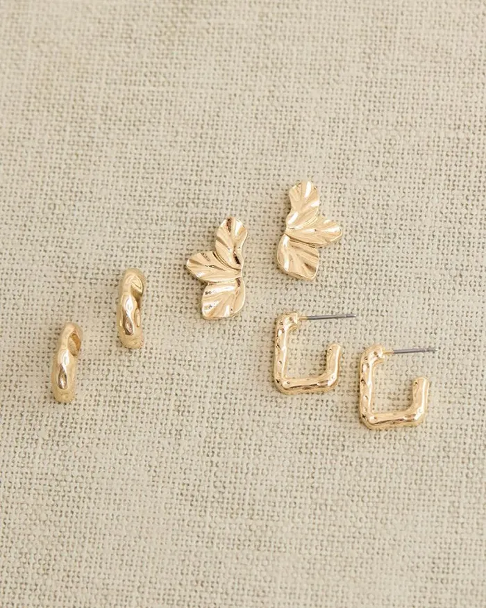 RWandCO Earrings Small Hoops And Leaf Earrings 8211 3 Pairs Gold 8211 Women