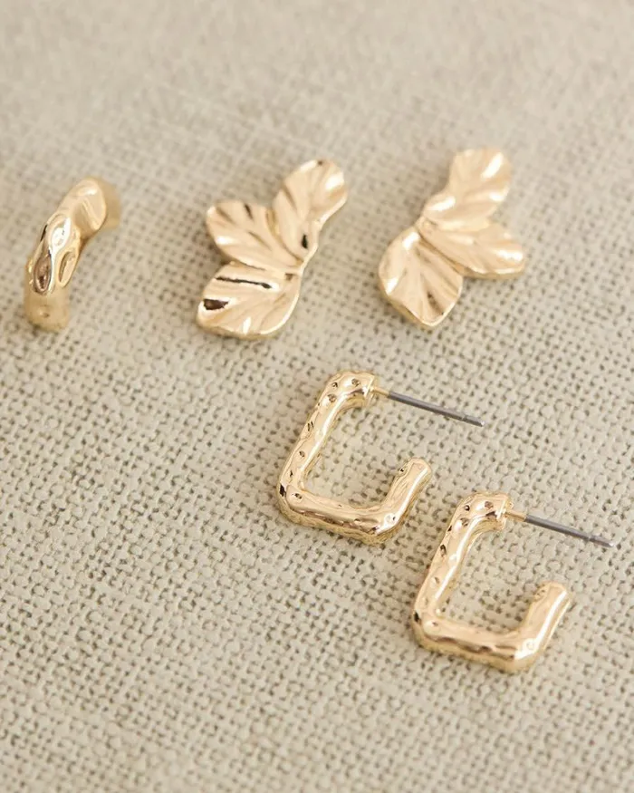 RWandCO Earrings Small Hoops And Leaf Earrings 8211 3 Pairs Gold 8211 Women RWandCO Earrings Small Hoops And Leaf Earrings 8211 3 Pairs Gold 8211 Women