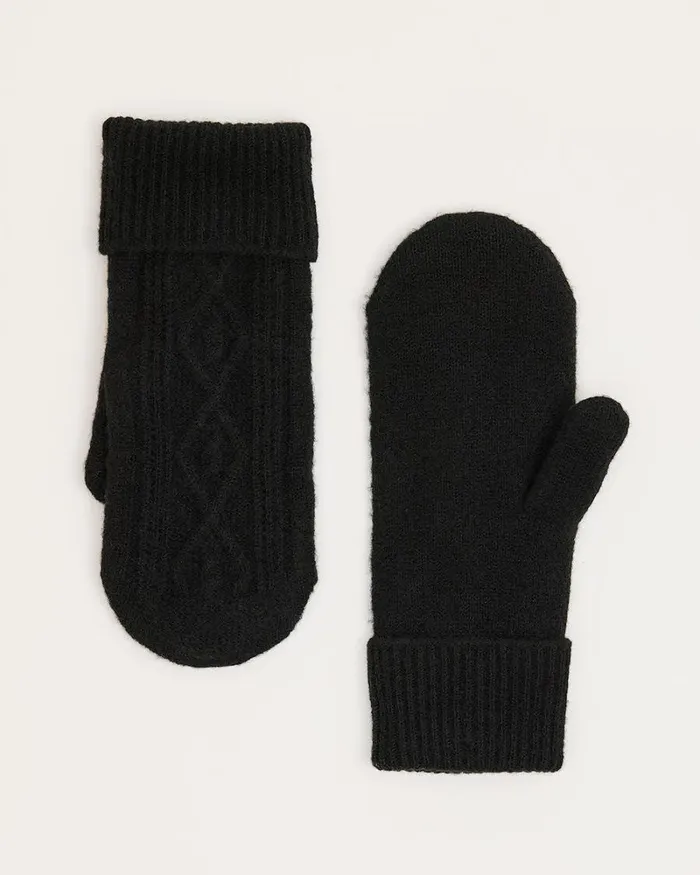 RWandCO Hats Gloves and Scarves CableKnit Mitts With Fleece Lining Black 8211 Women