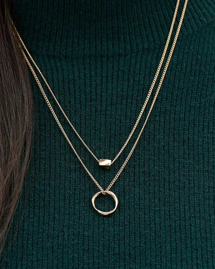 RWandCO Jewelry DoubleChain Necklace With Rectangular And Ring Pendants Gold 8211 Women