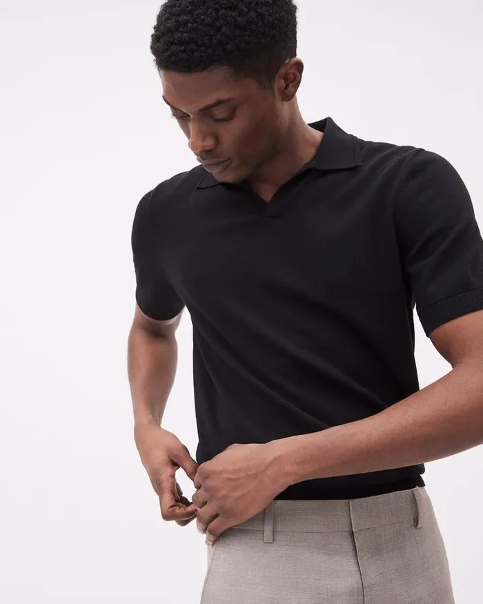 RWandCO Polos ShortSleeve Cotton Polo Sweater With Johnny Collar Black 8211 Men RWandCO Polos ShortSleeve Cotton Polo Sweater With Johnny Collar Black 8211 Men