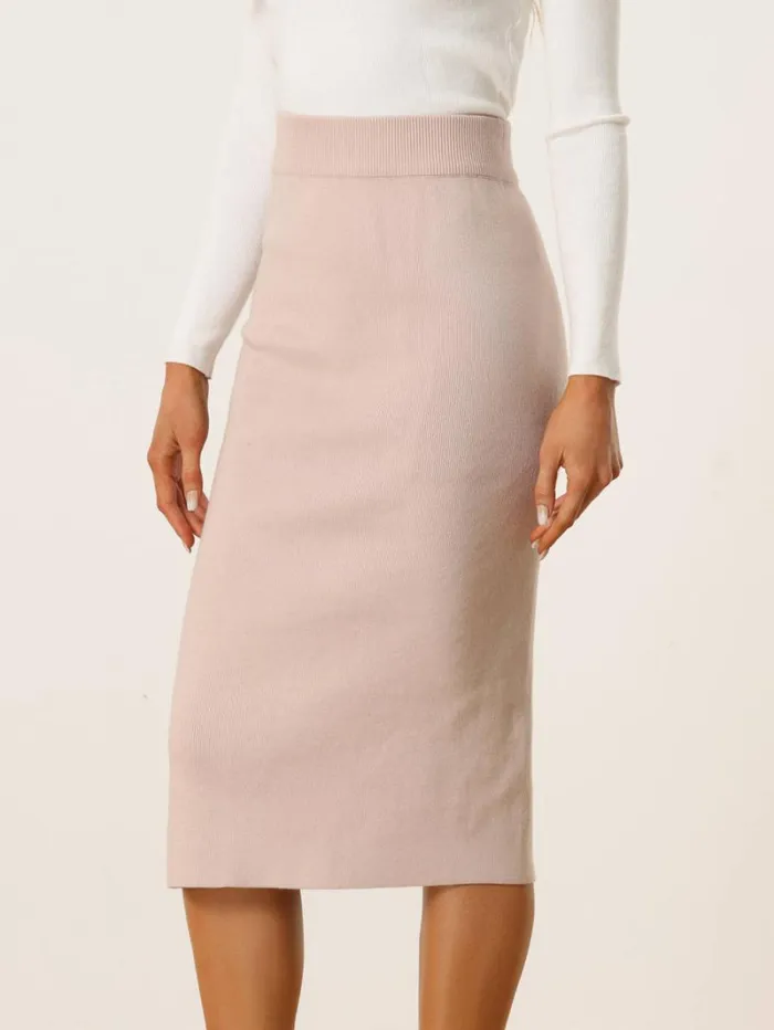 RWandCO Skirts Allegra K 8211 Stretchy Rib Knit Slit Pencil Skirt Apricot 8211 Women