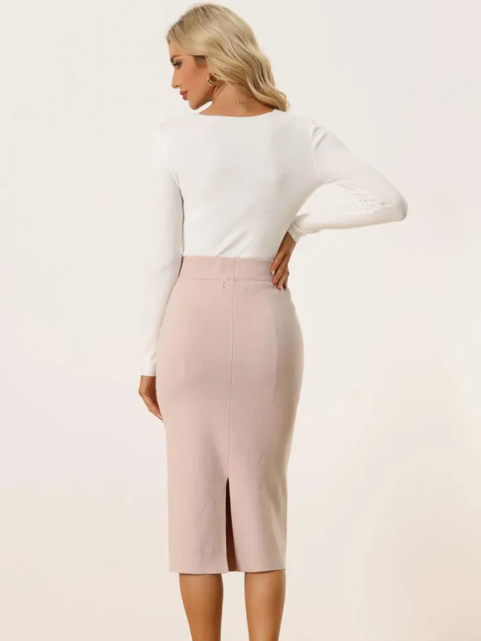 RWandCO Skirts Allegra K 8211 Stretchy Rib Knit Slit Pencil Skirt Apricot 8211 Women