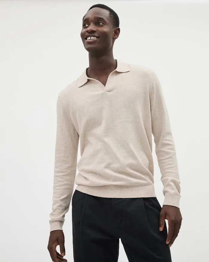 RWandCO Sweaters and Cardigans LongSleeve Cotton Sweater Polo With Johnny Collar Htr Light Beige 8211 Men RWandCO Sweaters and Cardigans LongSleeve Cotton Sweater Polo With Johnny Collar Htr Light Beige 8211 Men
