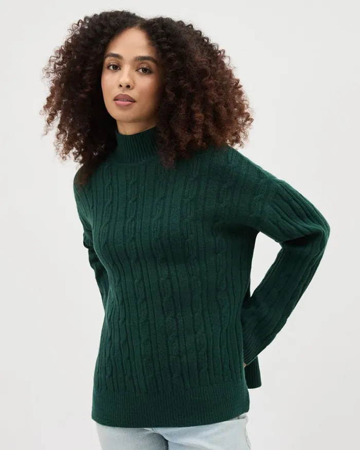 RWandCO Sweaters and Cardigans LongSleeve MockNeck Sweater With Cable Stitches Ponderosa Pine 8211 Women RWandCO Sweaters and Cardigans LongSleeve MockNeck Sweater With Cable Stitches Ponderosa Pine 8211 Women