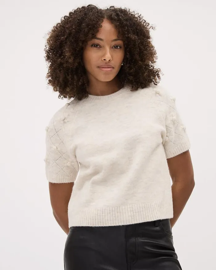 RWandCO Tops ElbowSleeve CrewNeck Spongy Pullover With 3D Flowers Off White Mix 8211 Women RWandCO Tops ElbowSleeve CrewNeck Spongy Pullover With 3D Flowers Off White Mix 8211 Women