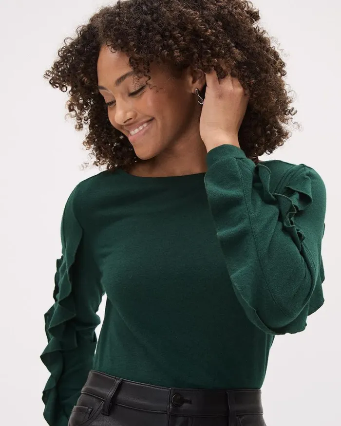 RWandCO Tops LongSleeve BoatNeck Top With Ruffles Pine Grove 8211 Women