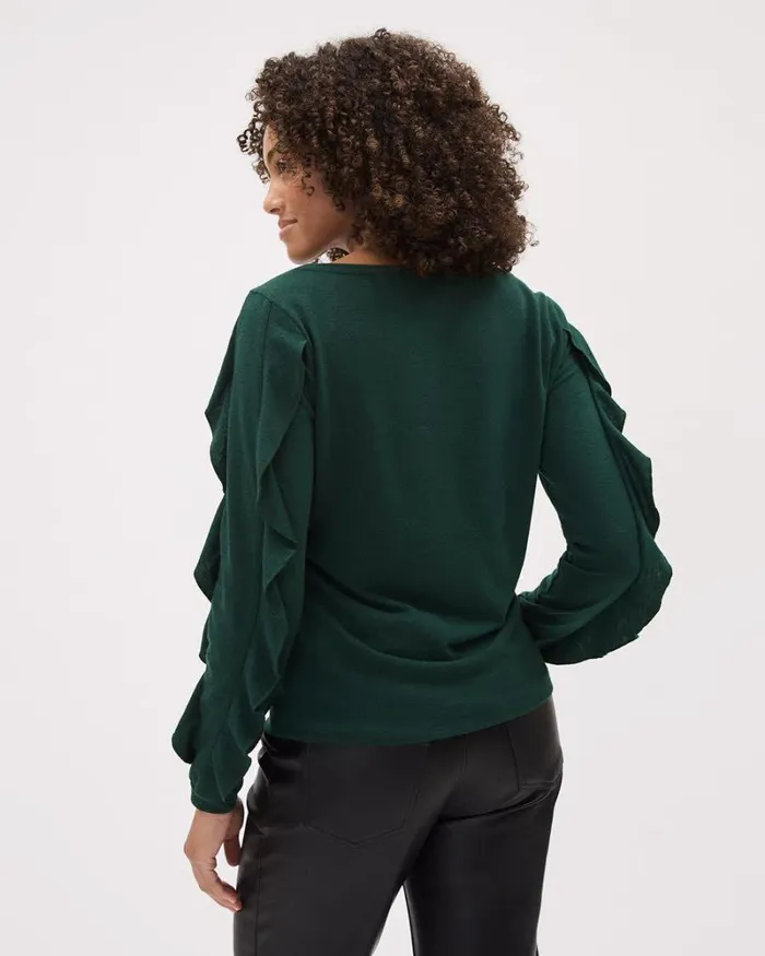 RWandCO Tops LongSleeve BoatNeck Top With Ruffles Pine Grove 8211 Women RWandCO Tops LongSleeve BoatNeck Top With Ruffles Pine Grove 8211 Women