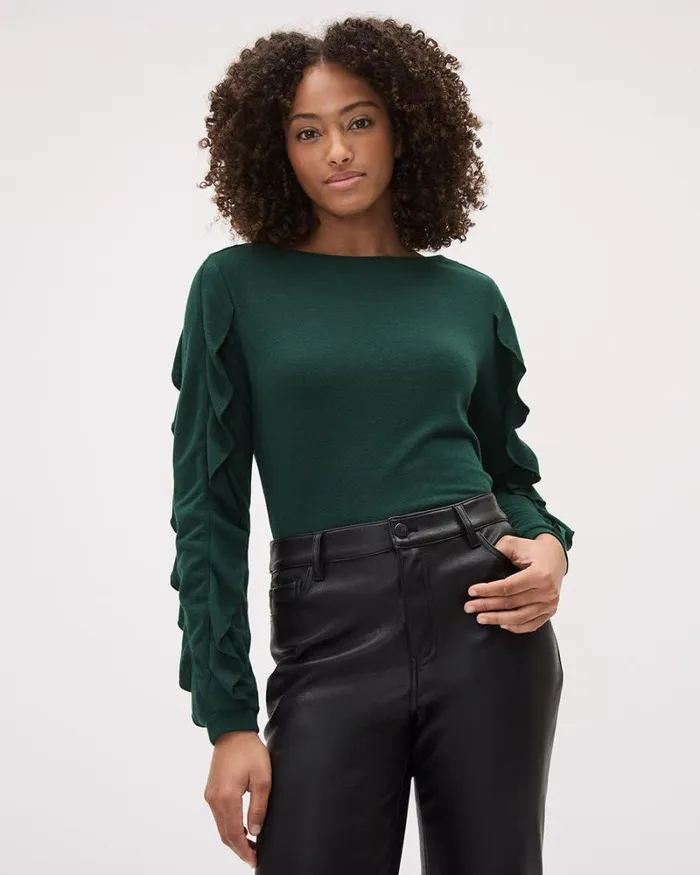 RWandCO Tops LongSleeve BoatNeck Top With Ruffles Pine Grove 8211 Women RWandCO Tops LongSleeve BoatNeck Top With Ruffles Pine Grove 8211 Women